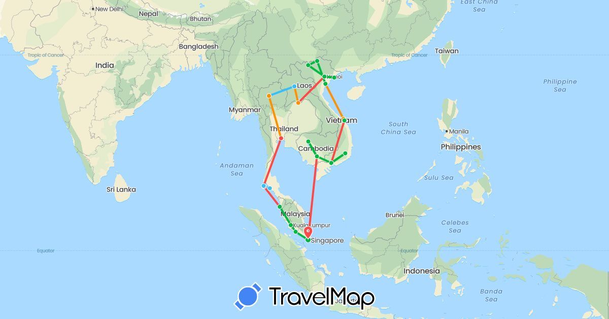 TravelMap itinerary: driving, bus, hiking, boat, hitchhiking in Cambodia, Laos, Malaysia, Singapore, Thailand, Vietnam (Asia)